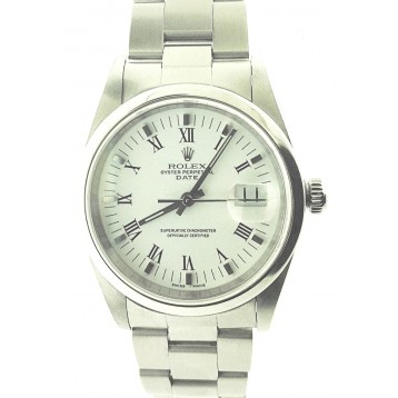 Rolex Oyster Perpetual  Date Stainless Steel Smooth Bezel White Roman Dial 34mm Watch
